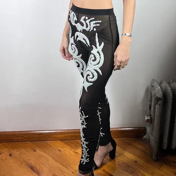 Discount Universe Tribal Skeleton Sequin Pants Sheer NWOT - Picture 7 of 9